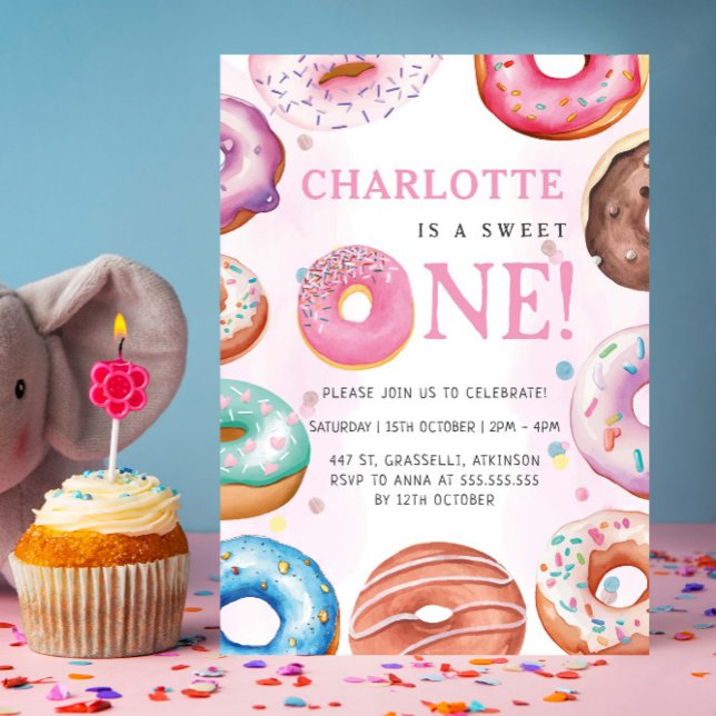 Sweet One Doughnut Pink 1st First Birthday Party Invitation (Creator Uploaded)