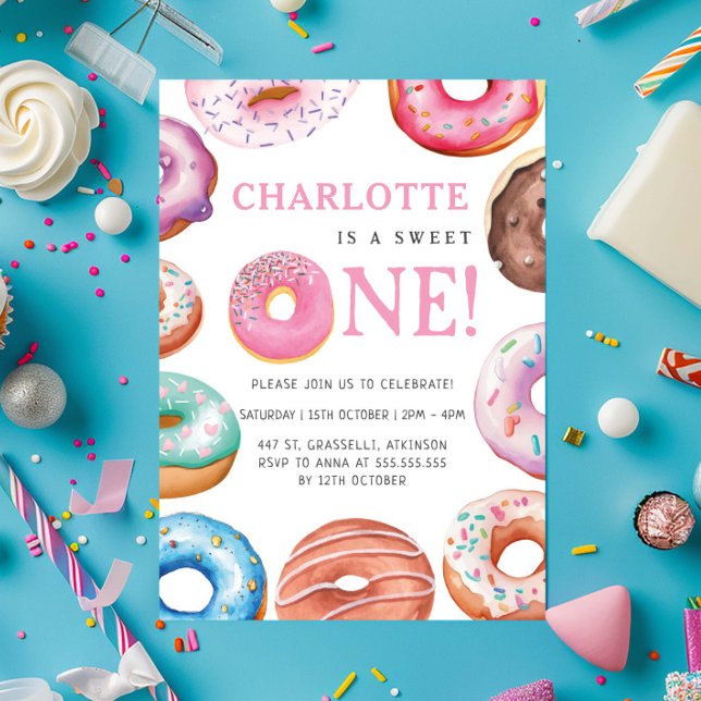 Sweet One Doughnut Pink 1st First Birthday Party Invitation (Creator Uploaded)