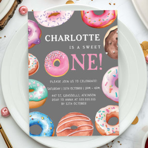 Sweet One Doughnut Pink 1st First Birthday Party Invitation