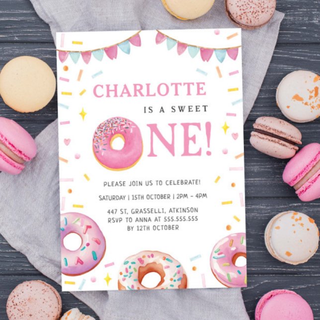 Sweet One Doughnut Pink First Birthday Party Invitation (Creator Uploaded)