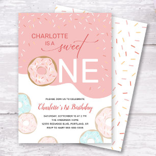 Sweet One Doughnut Pink Frosting Girl's 1st Birthd Invitation