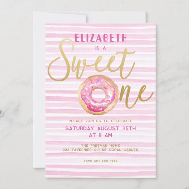 Sweet One Doughnut Stripe Pink 1st Birthday Invitation (Front)