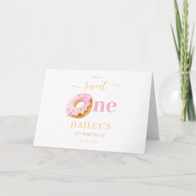 Sweet One Doughnuts Birthday Invitation, Pink Doug Thank You Card (Front)
