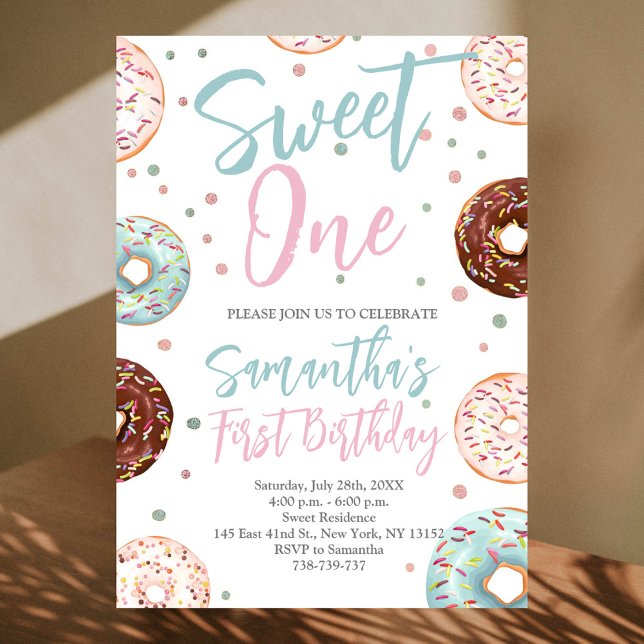 Sweet One Doughnuts Watercolor First Birthday  Invitation (Creator Uploaded)