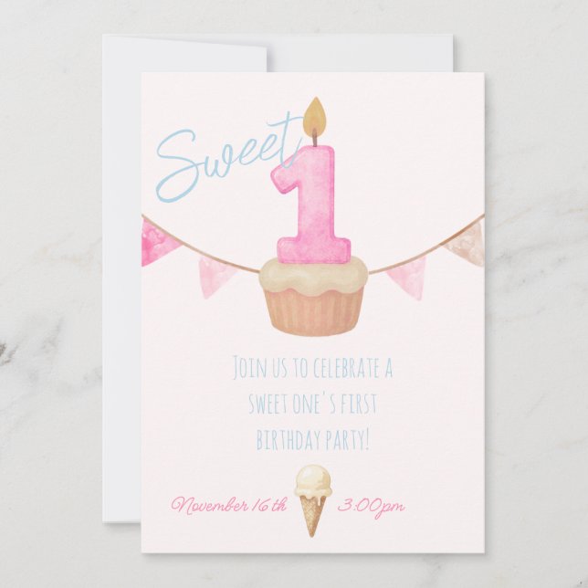 Sweet One First Birthday Party Invite  (Front)