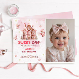Sweet One First Birthday Pink Gingerbread Photo Invitation