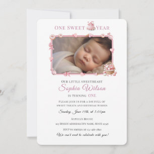 Sweet One Girl 1st Birthday Invitation with Photo