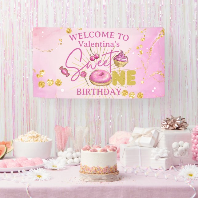Sweet One Girl's 1st Birthday Pink Gold Desserts Banner (Party)