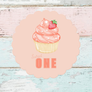Sweet ONE, girls pink first birthday scalloped  Paper Coaster