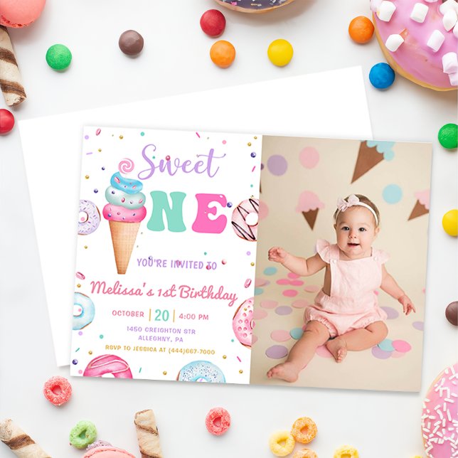 Sweet One Ice Cream Doughnut 1st Birthday Photo Invitation (Creator Uploaded)