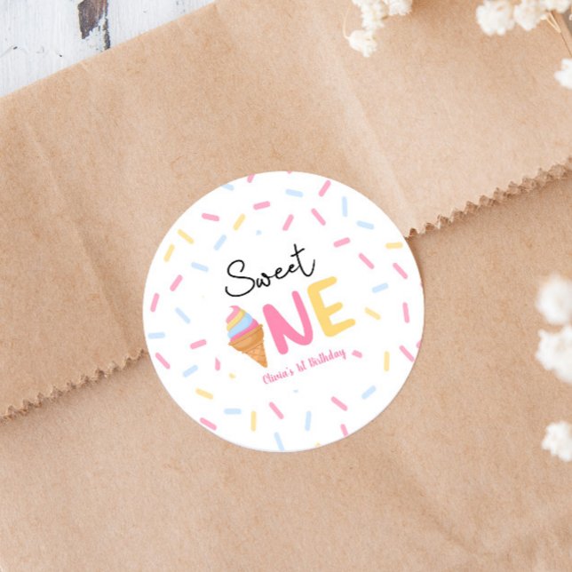 Sweet One Ice Cream First 1st Birthday Party Classic Round Sticker (Creator Uploaded)