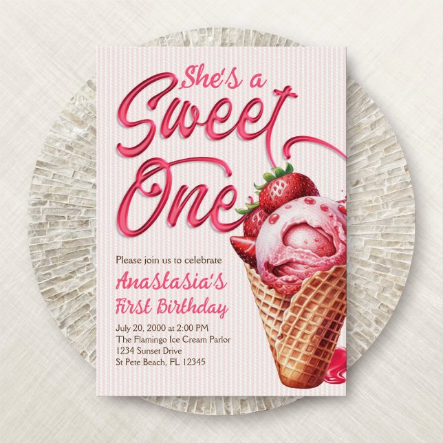 Sweet One Ice Cream Girls 1st Birthday Invitation (Creator Uploaded)