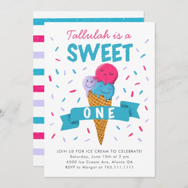 Sweet One Ice Cream Kids 1st Birthday Party Invitation (Front/Back)