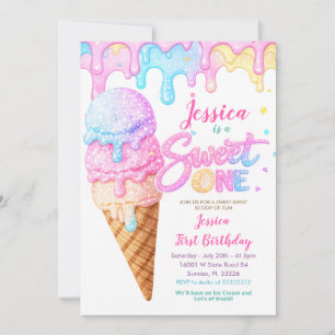 Sweet One Ice Cream Pastel Glitter Birthday Invitation