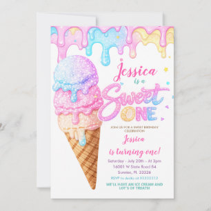 Sweet One Ice Cream Pastel Glitter Birthday Invitation