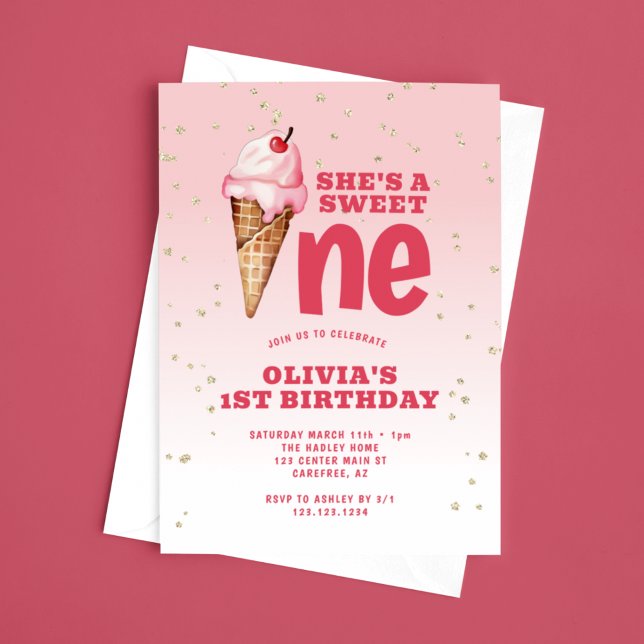 Sweet One Ice Cream Pink 1st Birthday Invitation (Creator Uploaded)