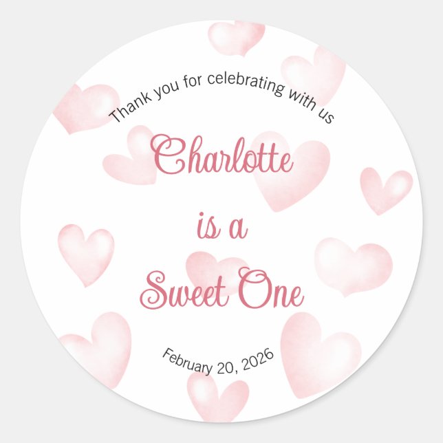 Sweet One Labels, Sweetheart One Party, Heart Classic Round Sticker (Front)