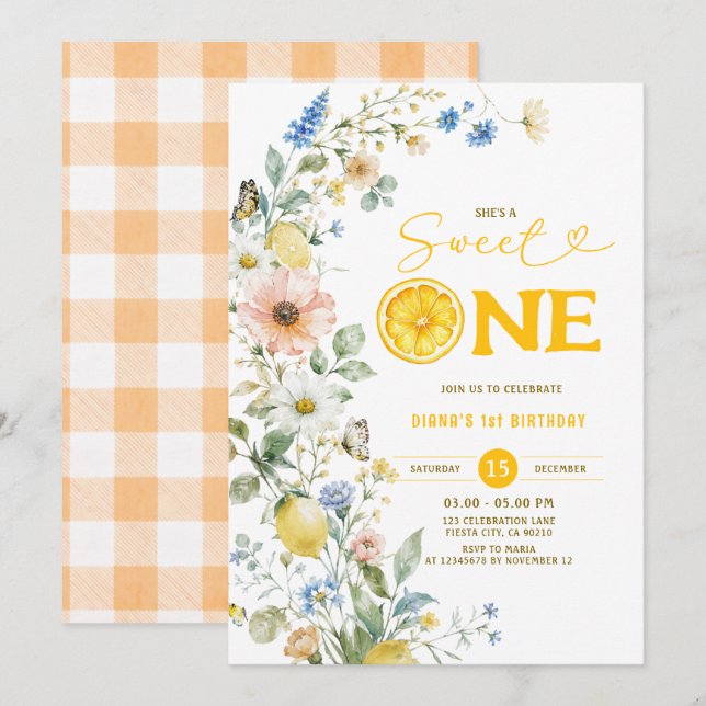 Sweet One Lemon Birthday Invitation (Front/Back)