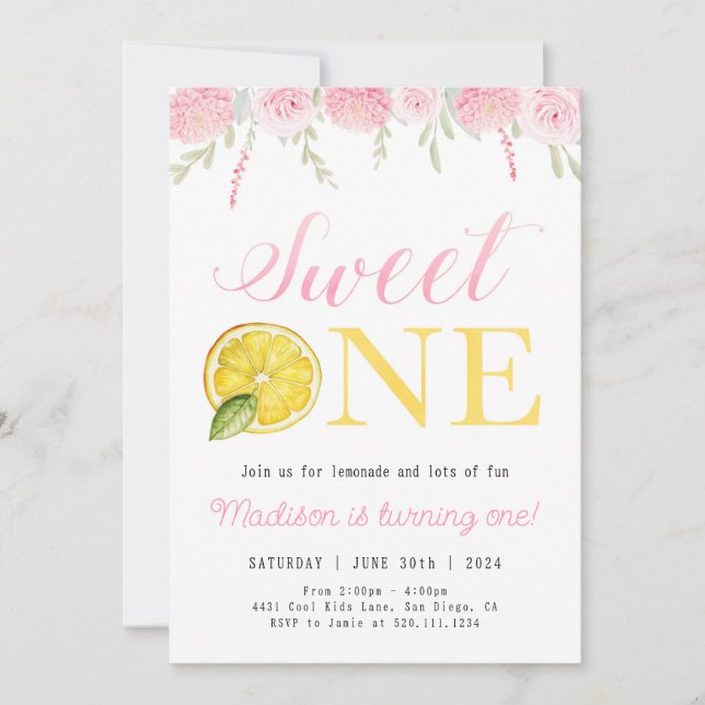 Sweet One Lemonade Birthday Girl Party Invitation (Front)