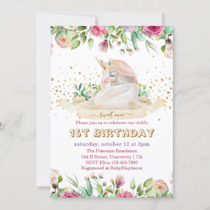 Sweet One Magical Unicorn Baby Girl First Birthday Invitation