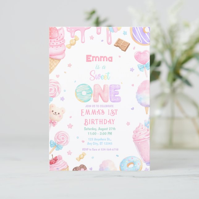 Sweet One Pastel Candy 1st Birthday Invitation (Standing Front)
