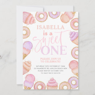 Sweet One Pastel Cupcake Doughnut Girls 1st Birthd Invitation