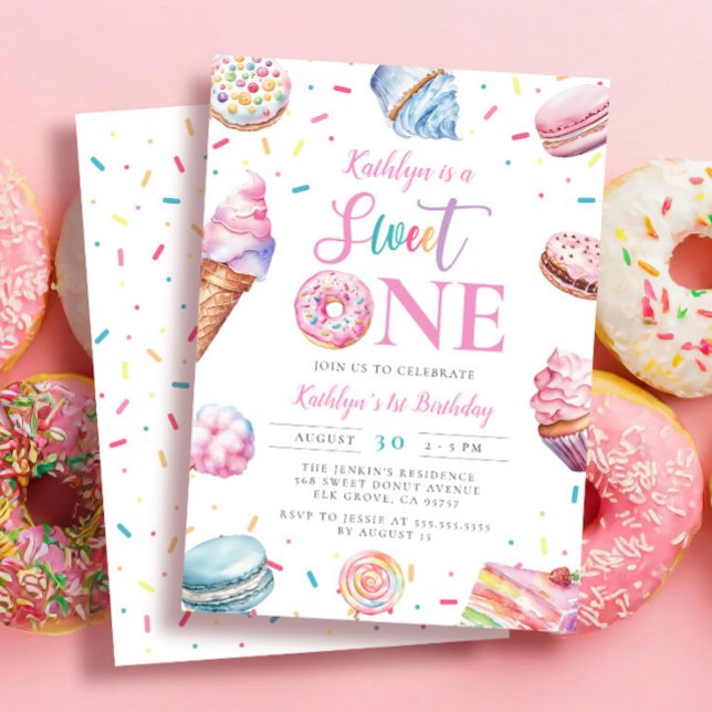 Sweet One Pastel Pink Doughnut Candy First Birthda Invitation (Creator Uploaded)