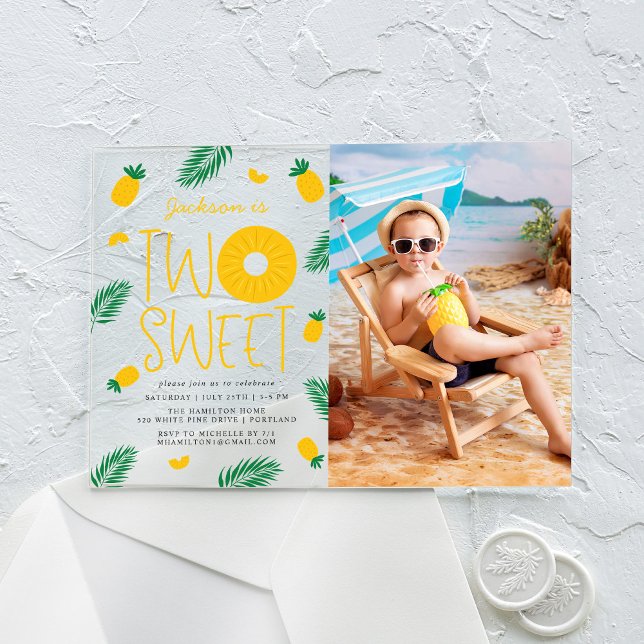 Sweet One Pineapple Photo 2nd Birthday Party Acrylic Invitations (Creator Uploaded)