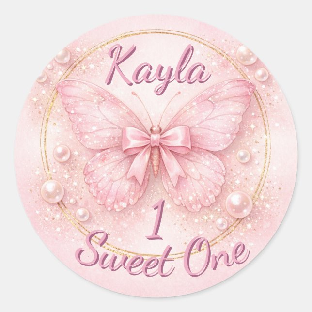 Sweet One Pink Butterfly 1st Birthday  Classic Round Sticker (Front)