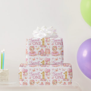 Sweet One Pink Butterfly 1st Birthday Wrapping Pap Paper