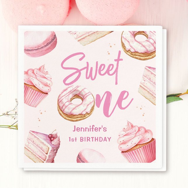 Sweet One Pink Cute Doughnuts Girl 1st Birthday Pa Napkin (Creator Uploaded)