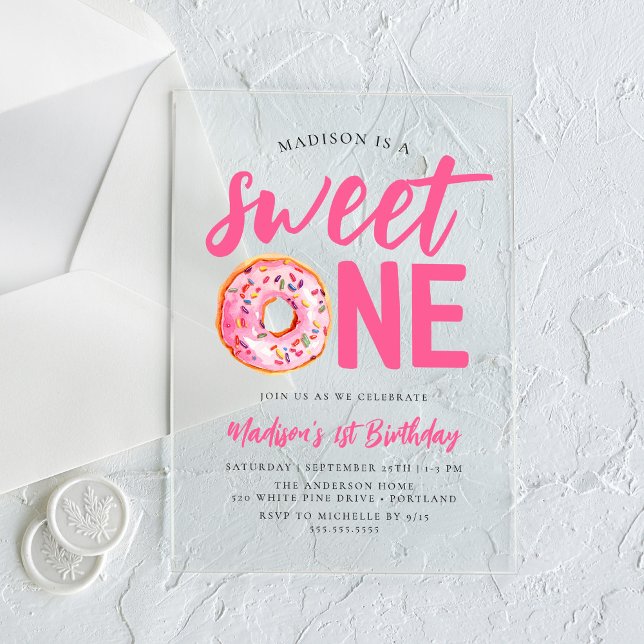 Sweet One Pink Doughnut 1st Birthday Acrylic Invitations (Creator Uploaded)