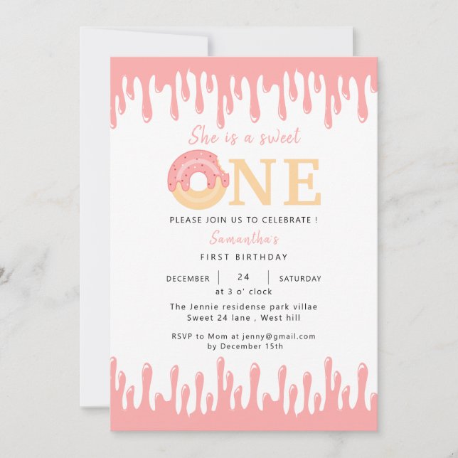 Sweet One Pink Doughnut  1st Birthday  Invitation (Front)