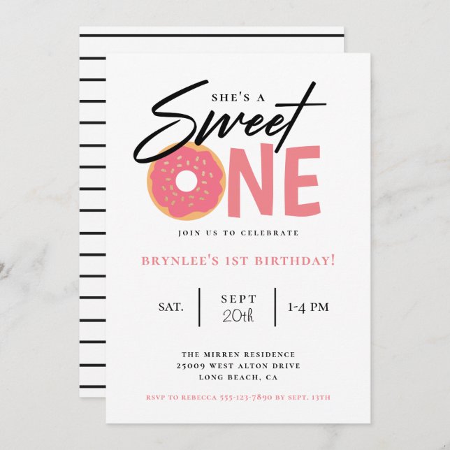 Sweet One Pink Doughnut 1st Birthday Party Invitation (Front/Back)