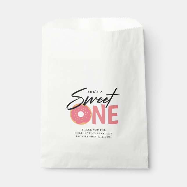 Sweet ONE Pink Doughnut Theme 1st Birthday Party Favour Bags (Front)