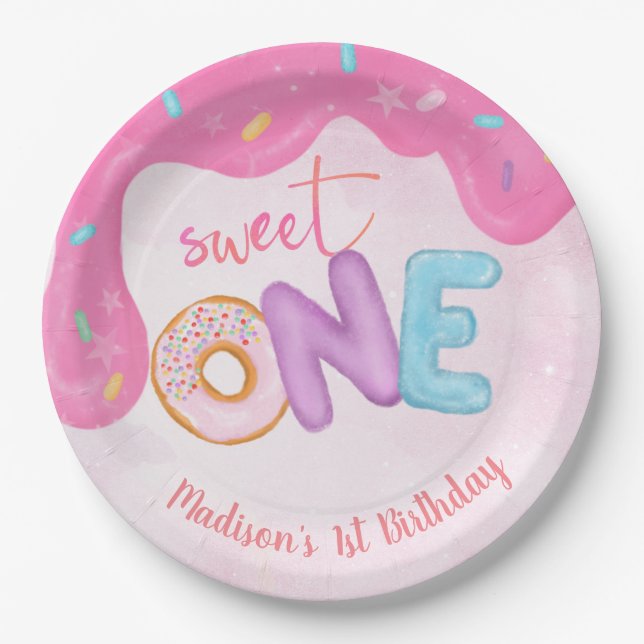 Sweet One Pink Frosting Girl's First Birthday Paper Plate (Front)