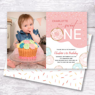 Sweet One Pink Frosting Photo Girl's 1st Birthday Invitation