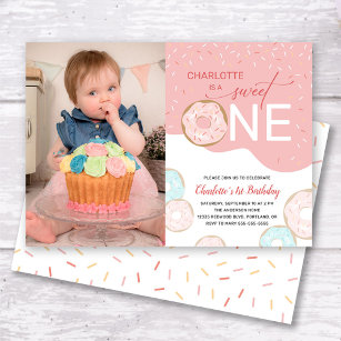 Sweet One Pink Frosting Photo Girl's 1st Birthday Invitation