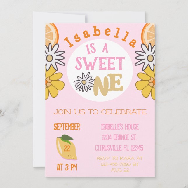Sweet One Pink Fruit First Birthday Invitation (Front)