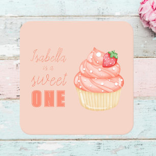 Sweet ONE, pink girls first birthday party Square Paper Coaster