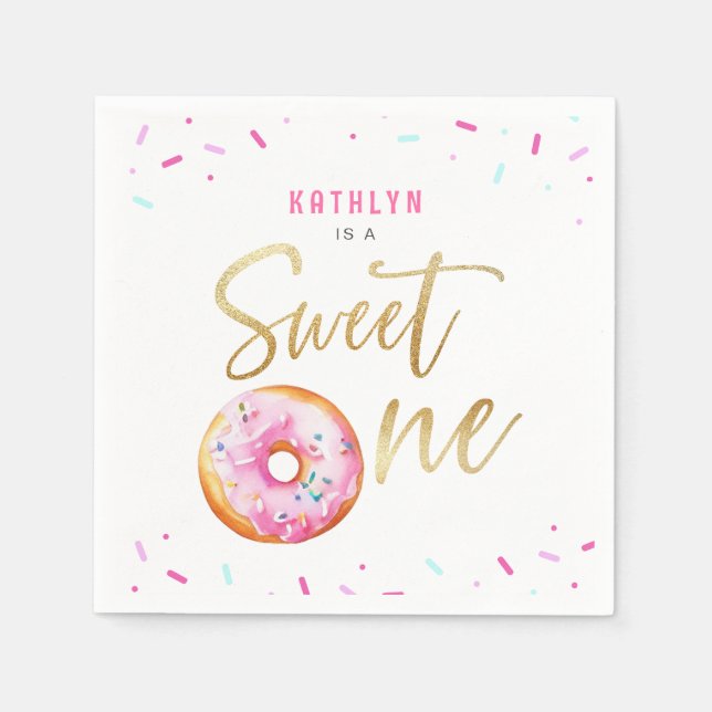 Sweet One Pink Gold Doughnut Sprinkles Girl Birthd Napkin (Front)