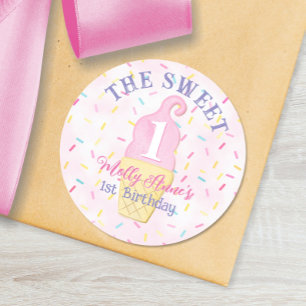 Sweet ONE Pink Ice Cream Cone 1st Birthday Girl Classic Round Sticker