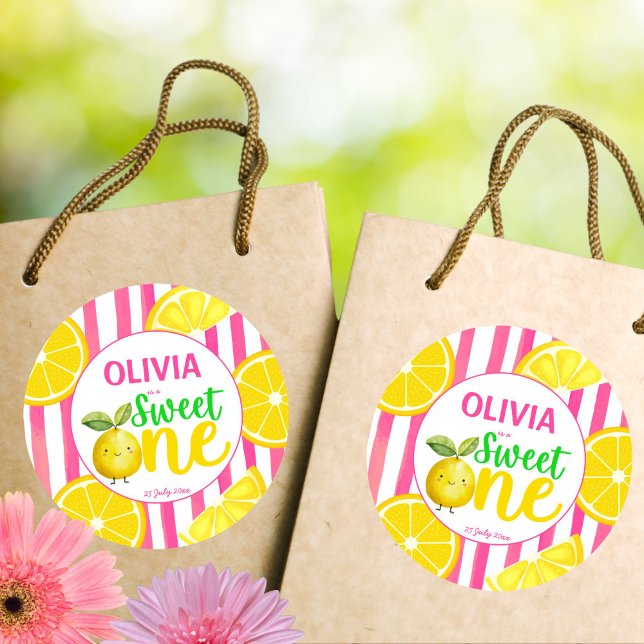 Sweet one pink lemonade birthday party classic round sticker (Sweet one pink lemonade summer lemons girls birthday party stickers DIY party decor)