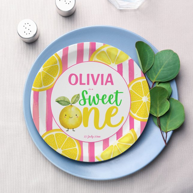 Sweet one pink lemonade birthday party paper plate (Sweet one pink lemonade summer lemon girls birthday party personalized printed paper plates decor)