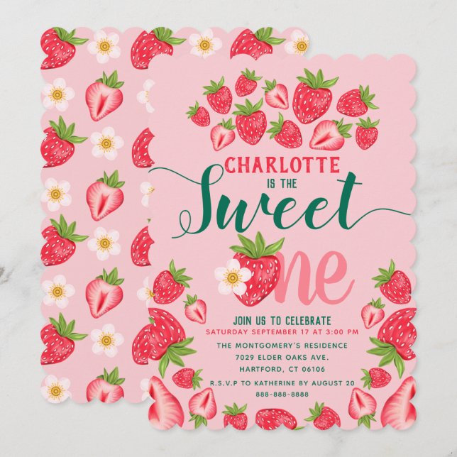 Sweet One Pink Strawberry Cute 1st Birthday Party Invitation (Front/Back)