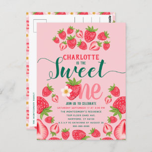Sweet One Pink Strawberry Cute 1st Birthday Party  Postcard