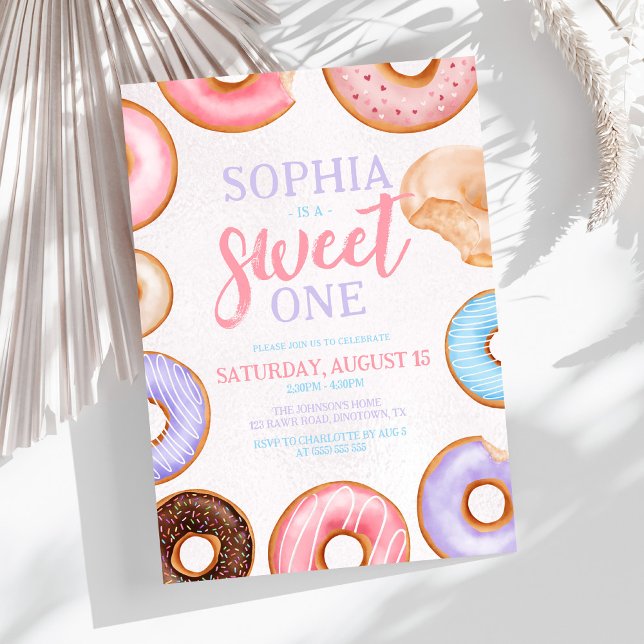 Sweet One Pink Watercolor Doughnuts 1st Birthday Invitation (Creator Uploaded)
