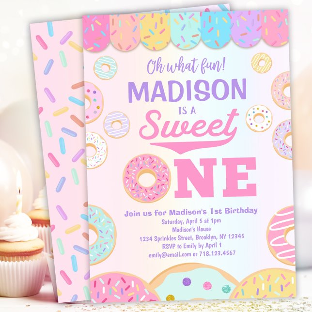 Sweet ONE Rainbow Doughnut 1st Birthday Invitation (Creator Uploaded)