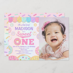 Sweet ONE Rainbow Doughnut 1st Birthday Photo Invitation