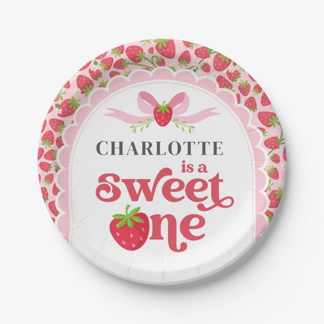 Sweet One Strawberry 1st Birthday 7" Round Paper Plate (Front)